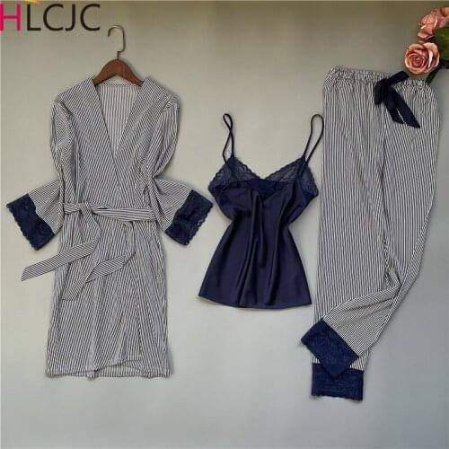 2021 New Womens Striped 3PC Long Pants Spring Pajamas Sets Faux Silk Woman Sexy Nighty Lingerie Lounge Sleep Sets Hot Pyjamas