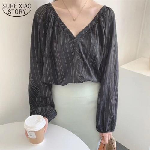 2021 Autumn New Vintage Women Tops Blusas Women Long Sleeve Shirts V-neck Casual Striped Shirt Lantern Sleeve Thin Blouse 10517