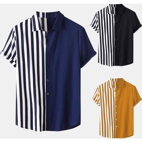 2021 Shirts For Mens Casual Daily Stripe Print Splice Short Sleeve Button Turn-Down Collar Shirt Fashion Plus Size Beach Shirt