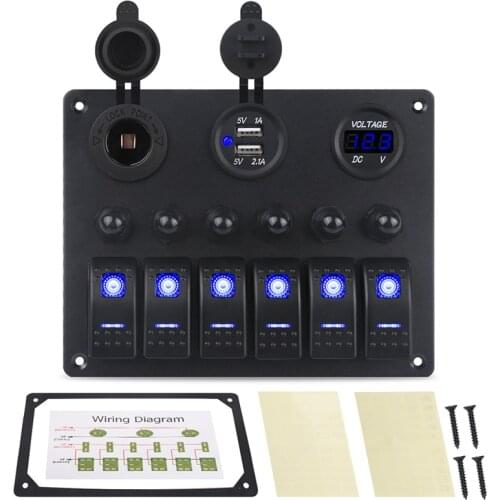 6 Gang Car Control Panel Switch Boat Marine With Circuit Breakers + Led Voltmeter Car Switches + Dual USB Charger