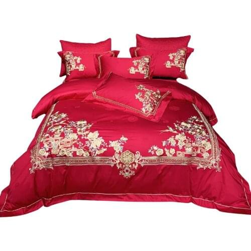 Caiyitang 100% cotton smooth soft silk like bedding set for wedding embroidery bed sheet valuable propitious style bed set