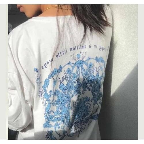 Cotton casual vintage printing Loose flower angel O neck Short Sleeve Women tshirt Top park oversize clothes summer T-Shirt size