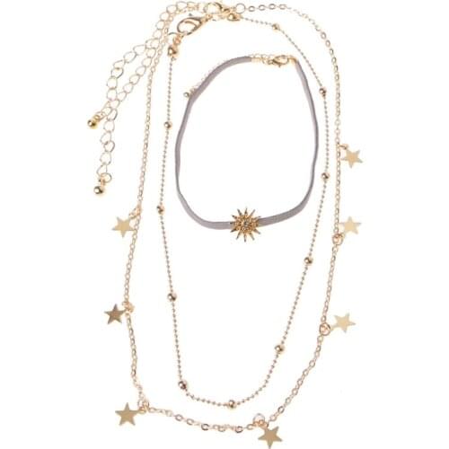 K3ND Vintage Boho Star Sun Sequins Plated Gold Chokers Layer Pendant Necklaces Women