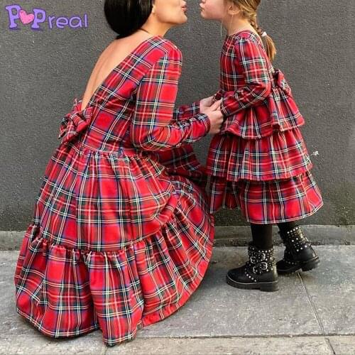 PopReal Parent-Child Outfit Fashion Plaid Print Bow Backless Mother Kids Dress Family Matching Clothes Mother Daughter Outfits