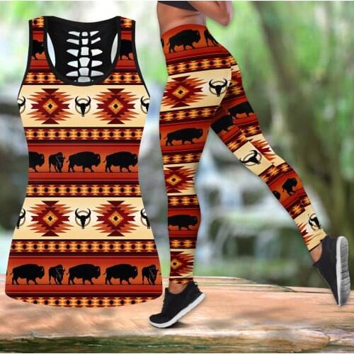 3D Print Native Indian Colorful Animal Cattle woman Fashion Hollow Tanktop & Legging For Hipster Leisure Female Sexy EU Size S71