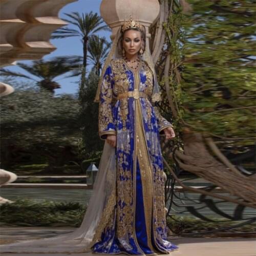 Fashion Moroccan Kaftan Evening Dress Luxury Appliques Crystals Arabic Muslim Prom Dress Long Dubai Formal Gown vestido de festa