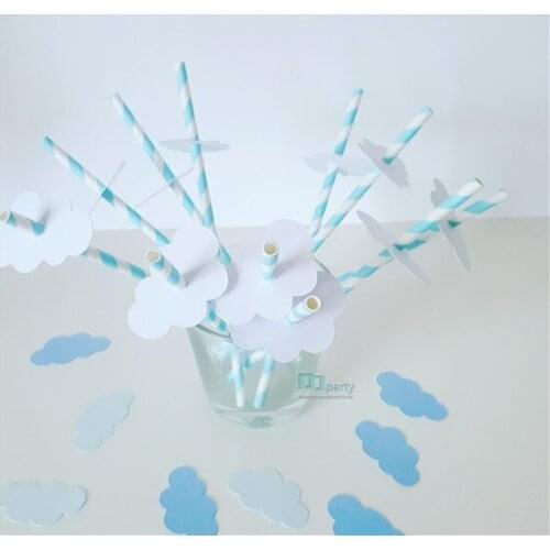 Set of 25 blue straws decorated with a cloud for birthday straws Birthday Cake Topper, clouds Cake Topper, One Cake Topper