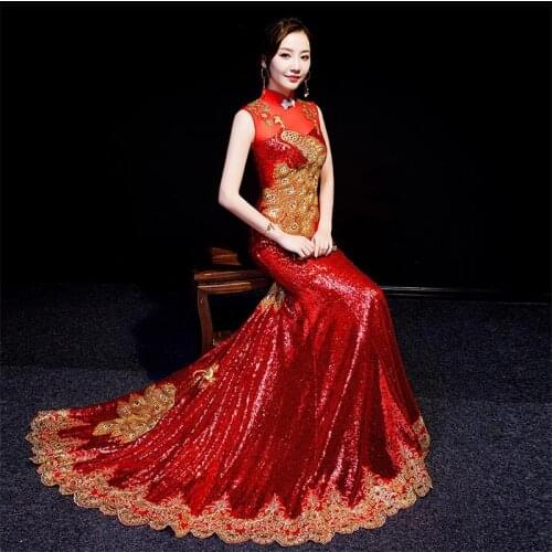 Luxury Embroidery Sequins Trailing Women Qipao Sleeveless Cheongsam Mermaid Slim Bride Chinese Traditional Wedding Party Dress