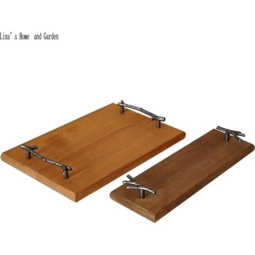 Metal framed storage rectangular antique wooden decorative tray set