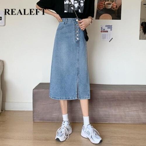 REALEFT Vintage Buttons Denim Womens Straight Midi Skirts High Waist Side Split A-Line Skirts Female Pockets Spring Summer 2021