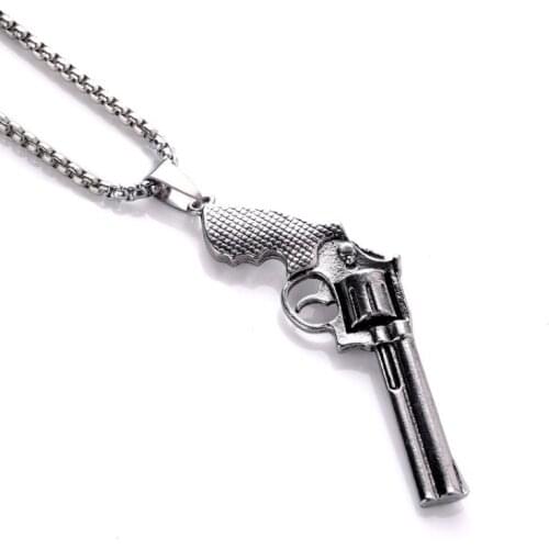 Retro Revolver Pendant Necklace Mens Fashion Personality Hip Hop Trendy Necklace Pendant Jewelry