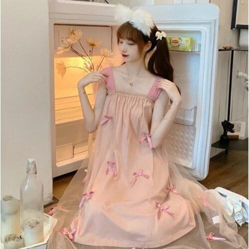 Mesh Student Girl Sweet Bowknot Suspender Nightdress Female Summer New Loose Comfortable Casual Long Skirt