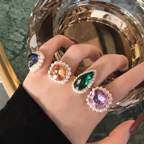 Vintage Colorful Shiny Rhinestone Geometric Round Square White Pearl Ring for Temperament Women Girl Mother Party Jewelry Gifts