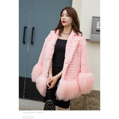 Womens Real genuine natural rabbit fur coat with lamb fur hem and cuffs lady fashion English-collar jacket with mongolia fur