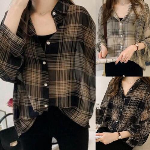 Shirt women top Casual Long Sleeve Button Loose Plaid Shirt BF shirt Hong Kong flavor top