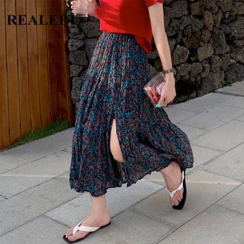 REALEFT 2021 New Summer Bohemian Womens Long Skirts Chiffon Female High Waist Pleated Umbrella Korean Style Split Chic Skirts
