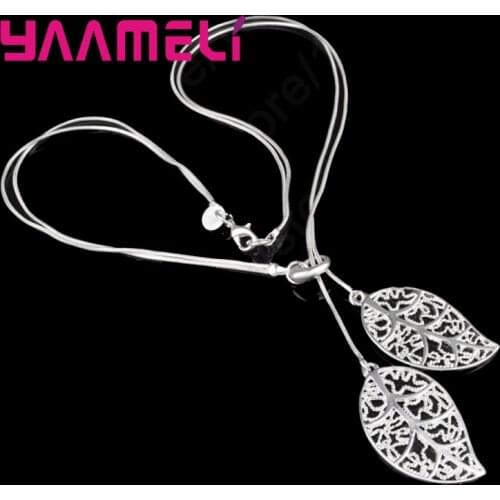 Vintage Double Leaves Pendant Solid Fashion 925 Sterling Silver Necklace Chain For Women Boys Crystal Jewelry Present