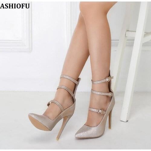 ASHIOFU Handmade New Ladies High Heel Pumps Three Buckle Straps Pointed Toe Party Prom Dress Shoes Fashion Evening Court Shoes