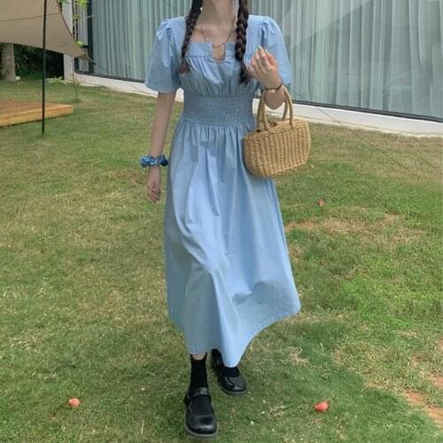 Bella 2021 new Summer Blue Sweet Dress Women Elegant Designer Cute Kawaii Dress High Street Casual Party Beach Midi Dress