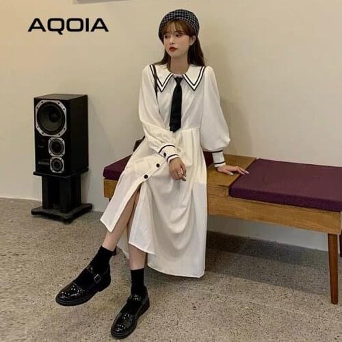 2021 Spring Fashion Japan JK Women Dress Sailor Collar Button Up Long White Dress Long Sleeve Bow Empire Plus Size Ladies Robe