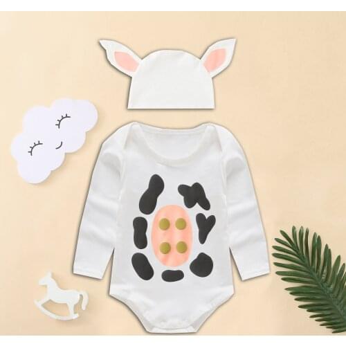 2Pcs Baby Kids Clothes Sets 3M-18M Infant Baby Boys Girls Long Sleeve Cartoon Dairy Cow Romper Bodysuit+Hat Set Outfits