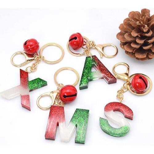 Cute Glitter Letter Keychain With Bell Handbag Pendant Keyring Charms Sequins Key Holder Christmas Party Birthday Gift Jewelry