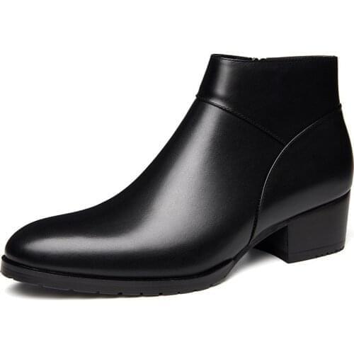 British Office Men Pointed Toe Med Heel Genuine Leather Ankle Boots Formal High Top Work Safety Shoes Zipper Wedding Dress Shoes