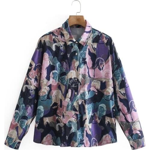New ladies graffiti printed blouse long-sleeved button blouse festive holiday shirt