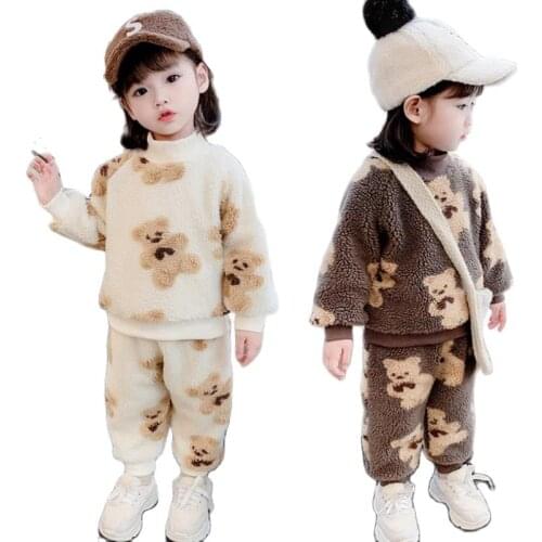 New Childrens Cartoons Warm Suit Boys Winter Thickened Fleece-Lined Cotton Coat Girls Sweater lamb wool two-piece suit 0-4y