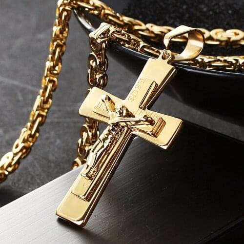 Catholic Crucifix Pedant Necklaces Gold Stainless Steel Necklace Thick Long Neckless Unique Male Men Fashion Jewelry Bible Chain