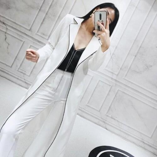 Runway New Women Long Blazer Trench Coat Wide Leg Pants Office Ladies Two Piece Set Classic Sashes Lace Up Suit Sets Coordinates
