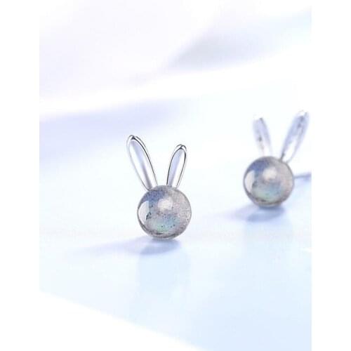 Popular 925 Sterling Silver Stud Earrings For Girl Jewelry Cute Crystal Gray Blu-ray Rabbit Earring Women Engagement Accessories
