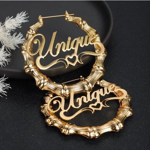 30mm-100mm Stainless Steel Custom Bamboo Hoop Earring Customize Name Earrings Pendientes Grandes Fashion Jewelry