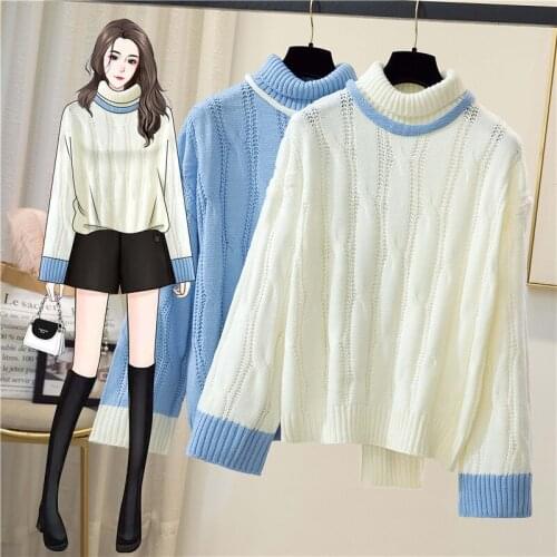 Blue White Twist Turtleneck Plus Large Size Oversize Korean Style Fashion Pullovers For Autumn Womens Clothing Ladies Sweaters