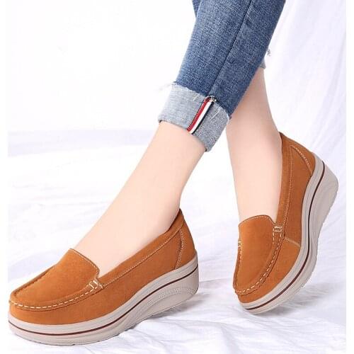Comfortable Casual Slip On High Heel Creeper Mother Shoes Spring Autumn Women Wedges Genuine Leather Platform Pumps Shoes Woman