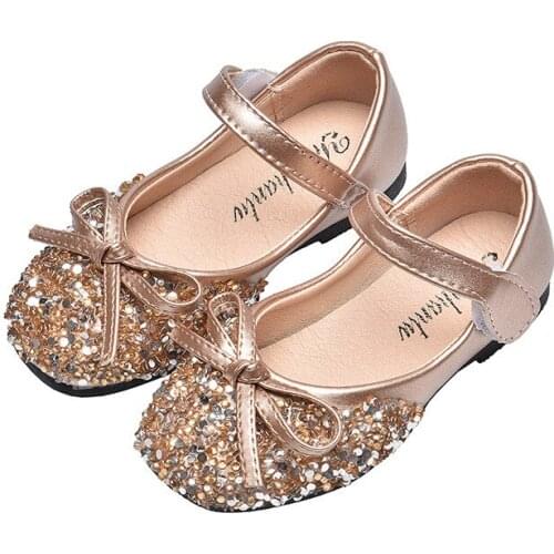 New Fashion Spring Princess Girls Flats Casual Butterfly-knot With Rhinestone Soft Leather Shoes For Middle-aged Kids Children