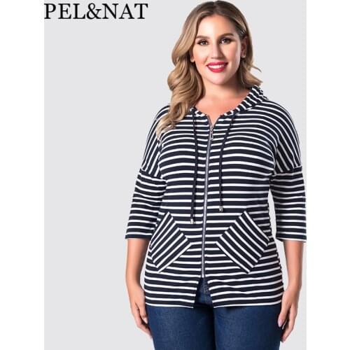 P&N Women Strip Tops Pocket Plus Size With Hat Fashion Female Clothes Home And Outer Comfortable High Quality F8915
