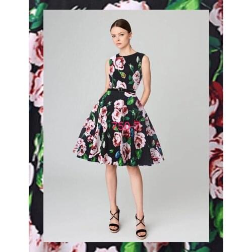 2021 New Arrival Summer Women Sleeveless Vest Dress Vintage Hepburn Style Flowers Print Big Hem Elegant Slim Party Dress