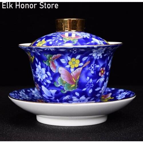 180ml Outline In Gold Colored Enamel Blue And White Porcelain Gaiwan Handmade Teaware KungFu Teaware Accessories Everyday Items