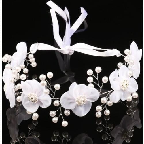 Handmade Flower Crown Pearl Head Wreath Hairbands Headband Ribbon Beauty Bridal Floral Garlands Wedding Women Hair Accessories