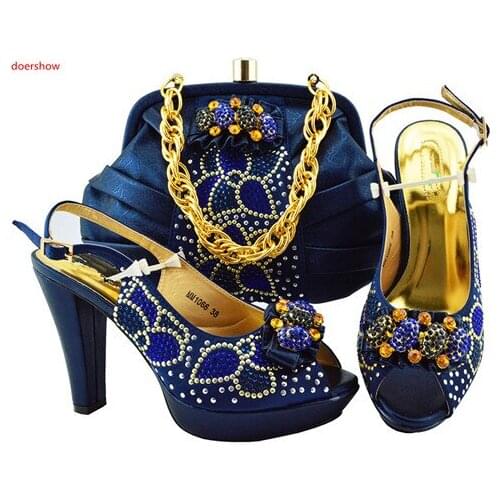 Doershow Ladies Italian Shoes and Bag Set Decorated with Rhinestone Italian Shoes with Matching Bags Party Shoes and Bag SFG1-14