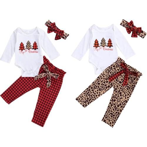 FOCUSNORM 0-12M Newborn Baby Girls Xmas Clothes Sets 3pcs Print Long Sleeve Romper Tops Pants Headband