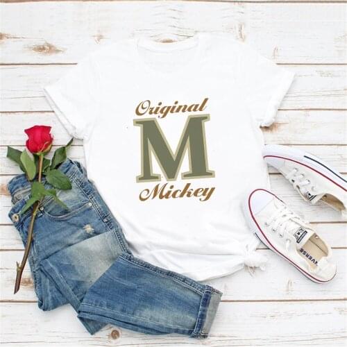 Original Mickey Letter M Printed Women T Shirts Summer New Fashion O-neck Tshirt Harajuku Simple White Basic Tee Tops Streetwear