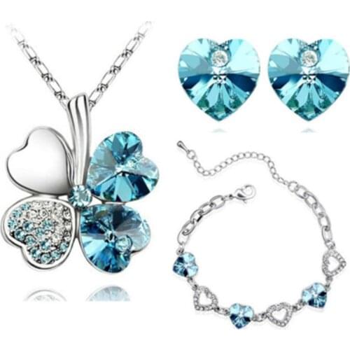 Austrian Crystal Clover 4 Leaf leaves Floating heart pendant quality Necklace bracelet Earring fashion jewelry sets women gifts