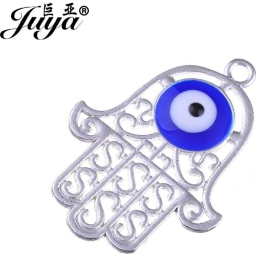 JUYA DIY Jewelry 10pcs Evil Eye 26.5X36.6mm Alloy Metal Hollow Hamsa Hand Charm Pendant for Necklace Bracelet Making Jewellery