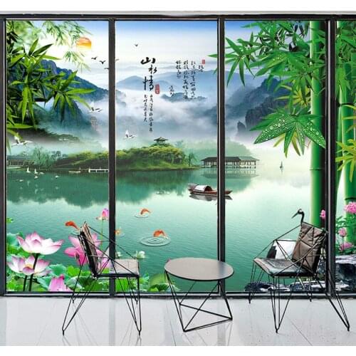 Chinese window renovation stickers landscape painting flowers and birds electrostatic film household sliding door decorative