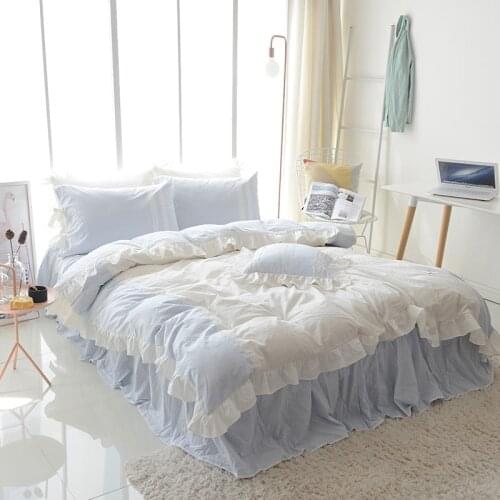 Blue lace 100% cotton bedding set double bed lattice sheet gentle lovely girl room decorative quilt cover 3 / 4 pieces