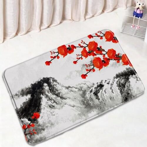 Chinese Style Landscape Bathroom Mat Mountain Water Ink Plum Blossom Non-Slip Rugs Home Decor Bath Kitchen Doorway Aisle Carpet