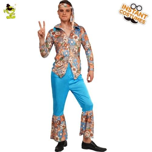 Adult Mens Flower Hippie Costume 60s 70s Hippy Outfits for Carnival Party Fancy Dress Up Cosplay Costumes for Male