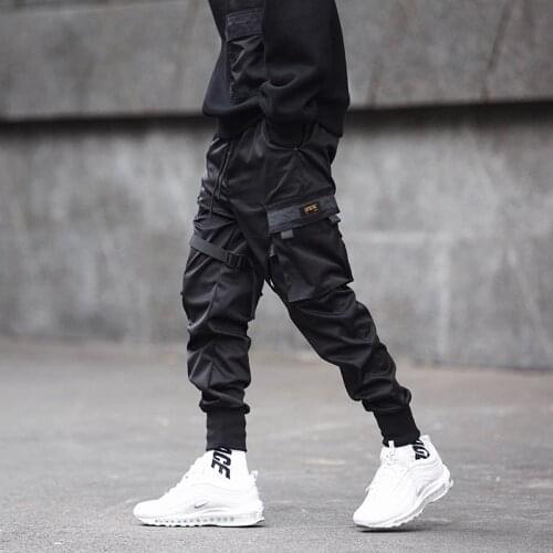 Men ribbons patchwork multi pockets hip hop cargo pants black tactical pants mens casual slim joggers hiphop punk trousers
